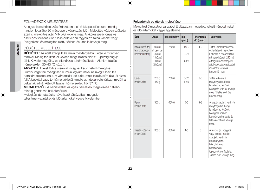 Samsung GW733K-B/XEO manual Folyadékok Melegítése, Bébiétel Melegítése, Étel Adag, Perc Idő perc 