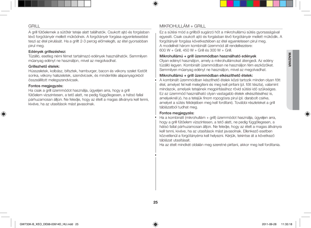 Samsung GW733K-B/XEO manual Mikrohullám + Grill 