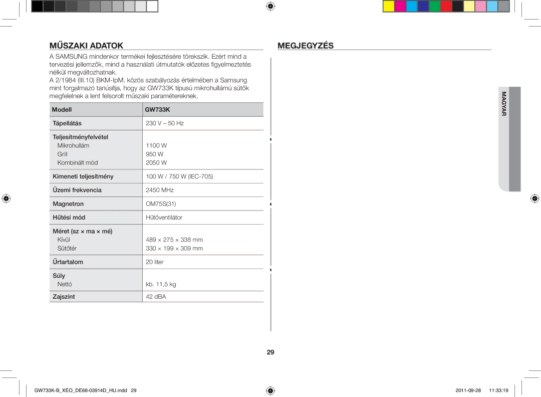 Samsung GW733K-B/XEO manual Műszaki adatok Megjegyzés, Modell GW733K 