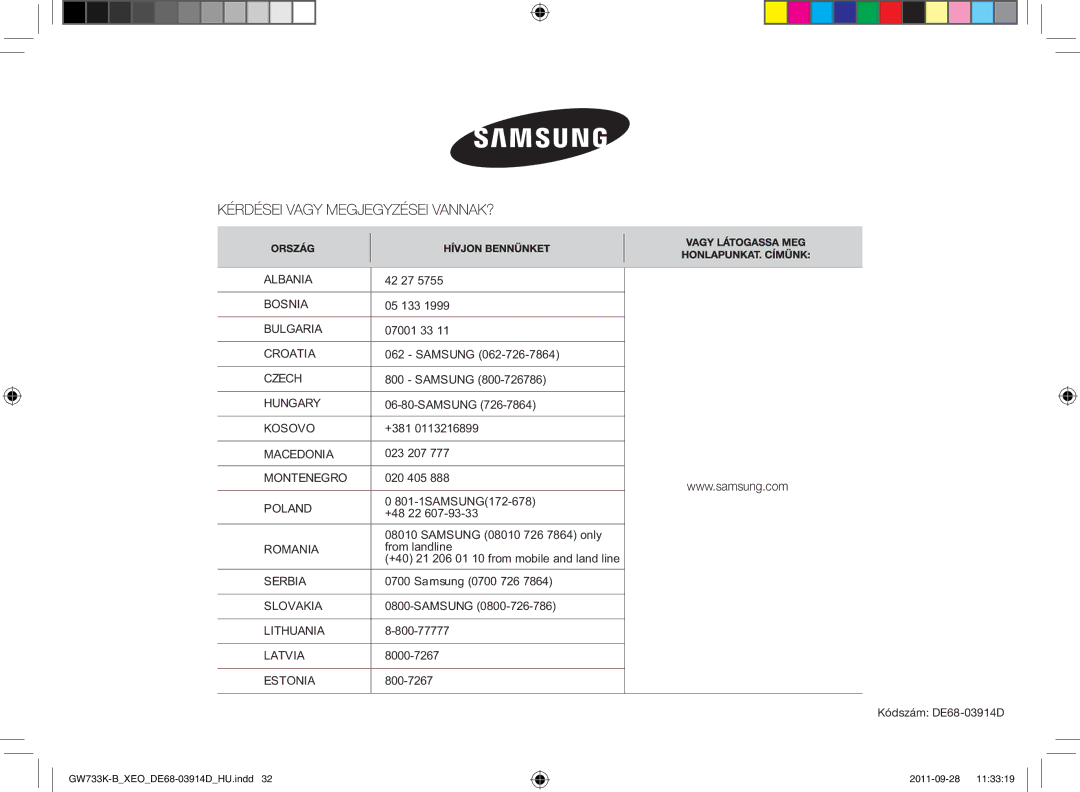 Samsung GW733K-B/XEO manual +381, 801-1SAMSUNG172-678, +48 22 Samsung 08010 726 7864 only 