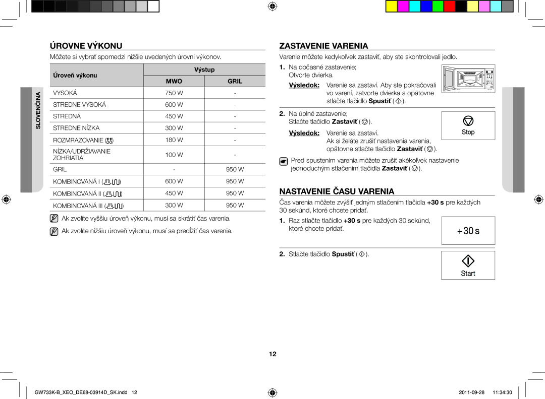 Samsung GW733K-B/XEO manual Úrovne výkonu, Zastavenie varenia, Nastavenie času varenia, Úroveň výkonu Výstup 