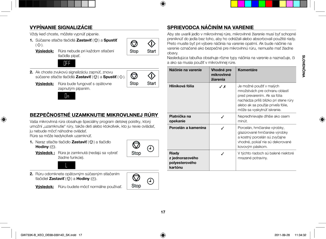 Samsung GW733K-B/XEO manual Vypínanie signalizácie, Bezpečnostné uzamknutie mikrovlnnej rúry, Sprievodca náčiním na varenie 