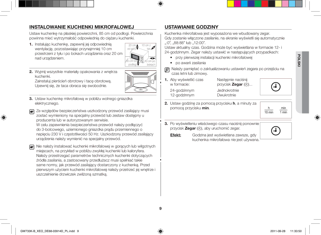 Samsung GW733K-B/XEO manual Instalowanie kuchenki mikrofalowej, Ustawianie godziny, Po awarii zasilania 