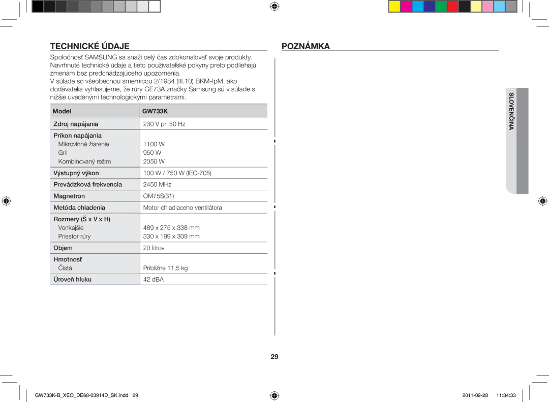 Samsung GW733K-B/XEO manual Technické údaje Poznámka, Model GW733K 