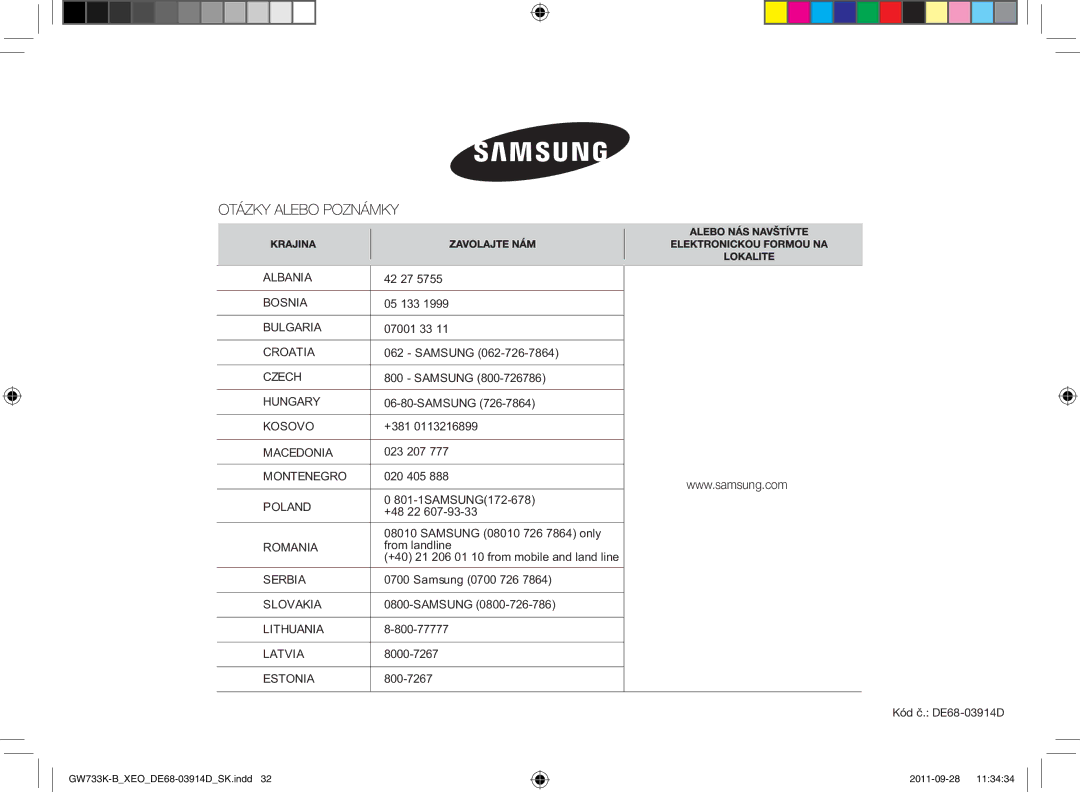 Samsung GW733K-B/XEO manual Kód č. DE68-03914D 