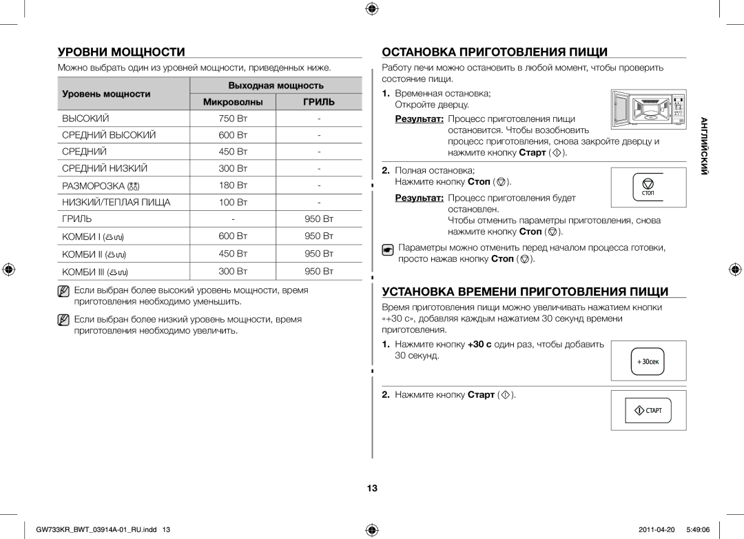 Samsung GW733KR-S/BWT manual Уровни мощности, Остановка приготовления пищи, Установка времени приготовления пищи 