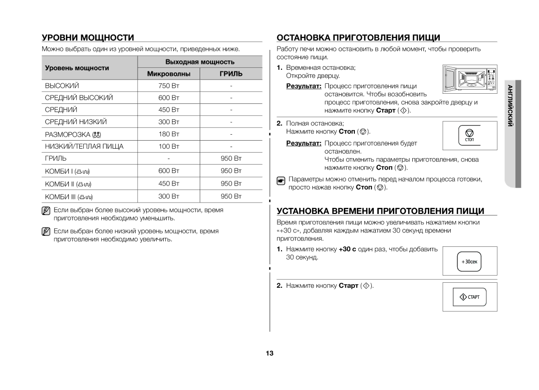 Samsung GW733KR-X/BWT manual Уровни Мощности, Остановка Приготовления Пищи, Установка Времени Приготовления Пищи 