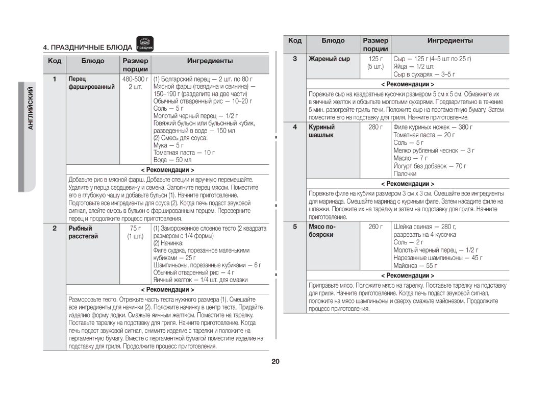 Samsung GW733KR-X/BWT manual Рыбный, Расстегай, Жареный сыр, Куриный, Шашлык, Мясо по, Боярски 