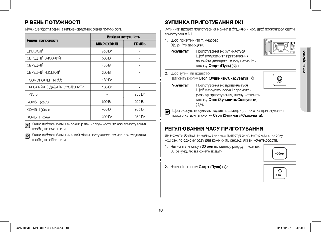 Samsung GW733KU/BWT manual Рівень Потужності, Зупинка Приготування ЇЖІ, Регулювання Часу Приготування 