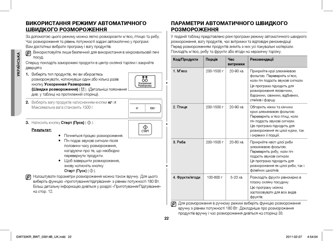 Samsung GW733KU/BWT Використання Режиму Автоматичного Швидкого Розмороження, Параметри Автоматичного Швидкого Розмороження 