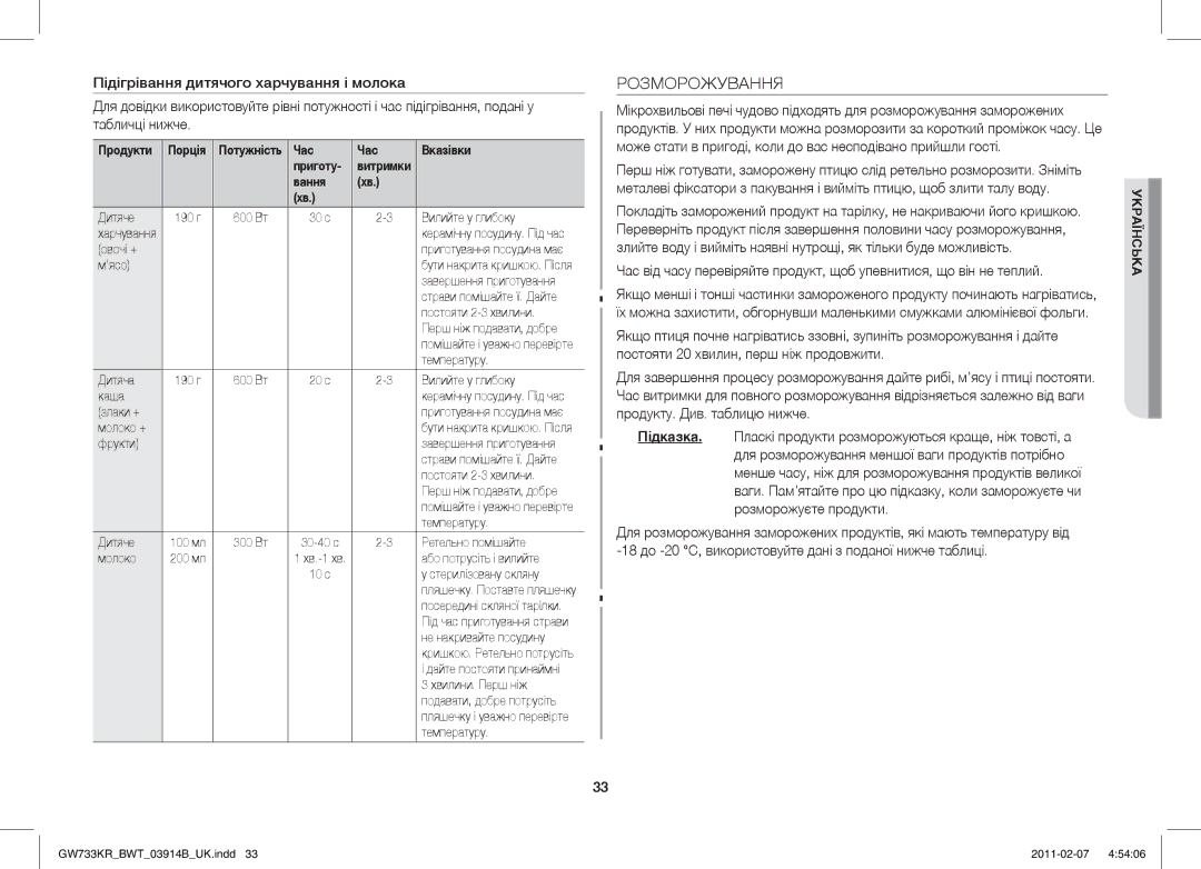 Samsung GW733KU/BWT manual Розморожування, Вання 