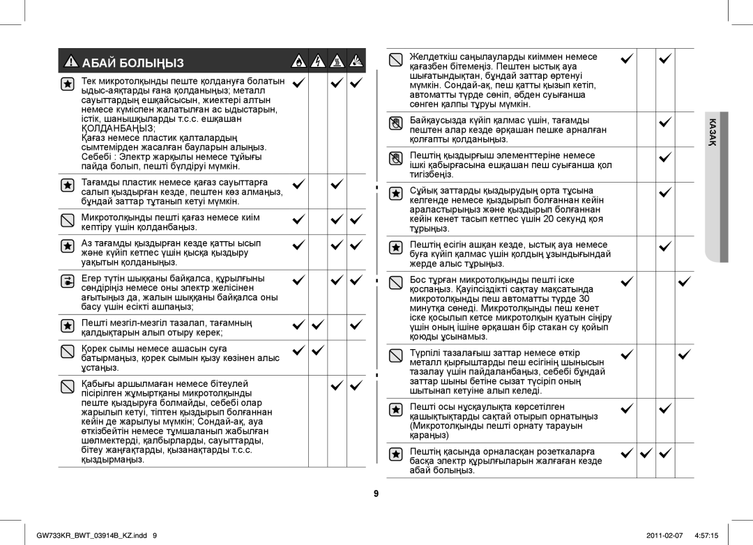 Samsung GW733KU/BWT manual Абай Болыңыз, Қолданбаңыз 