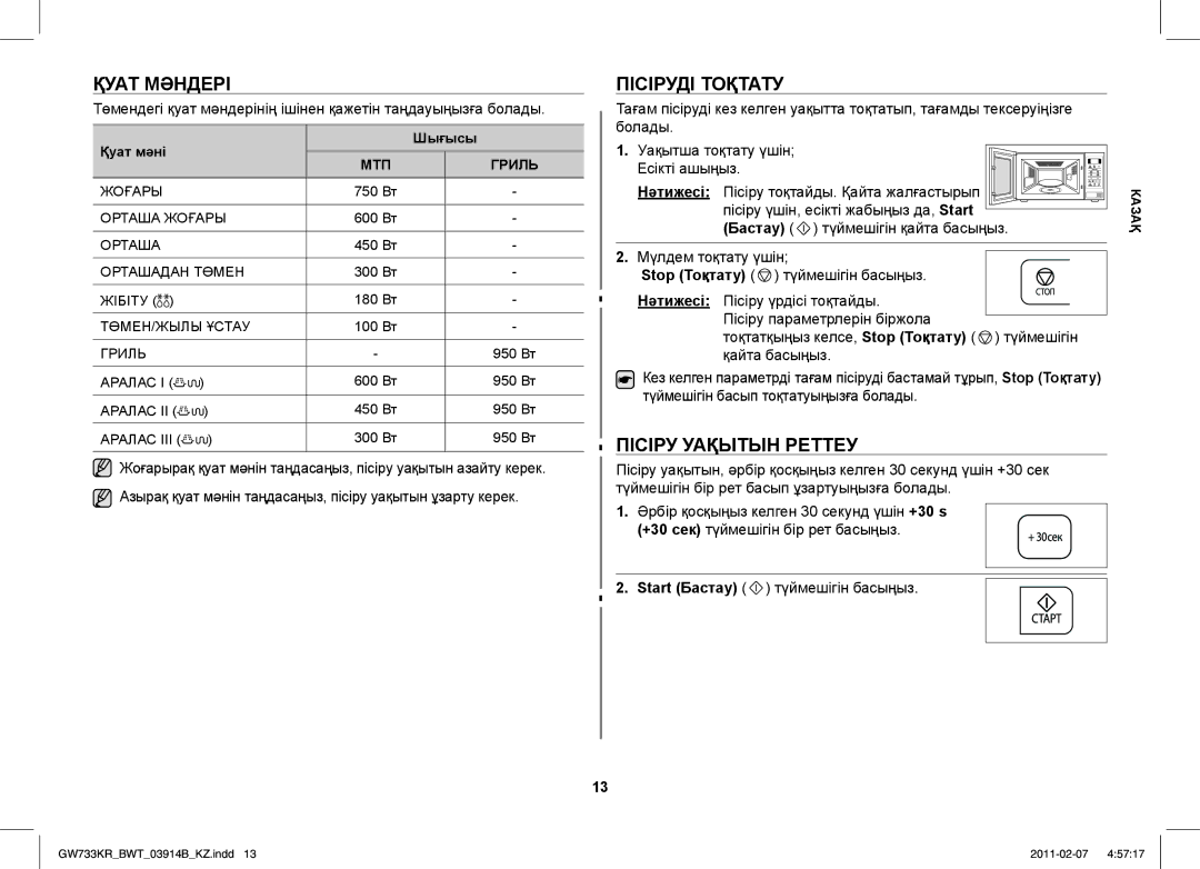 Samsung GW733KU/BWT manual Қуат Мәндері, Пісіруді Тоқтату, Пісіру Уақытын Реттеу, Бастау 