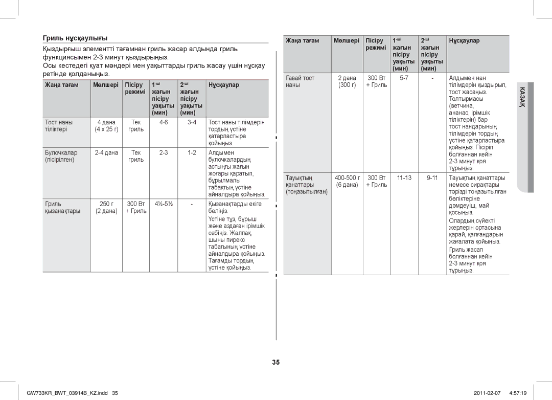 Samsung GW733KU/BWT manual Гриль нұсқаулығы, Жаңа тағам Мөлшері Пісіру Нұсқаулар Режимі Жағын Уақыты Мин 