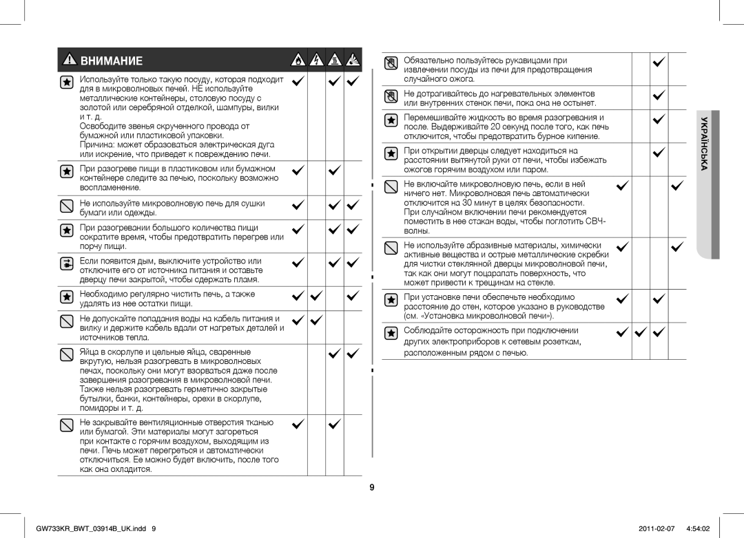 Samsung GW733KU/BWT manual Внимание 