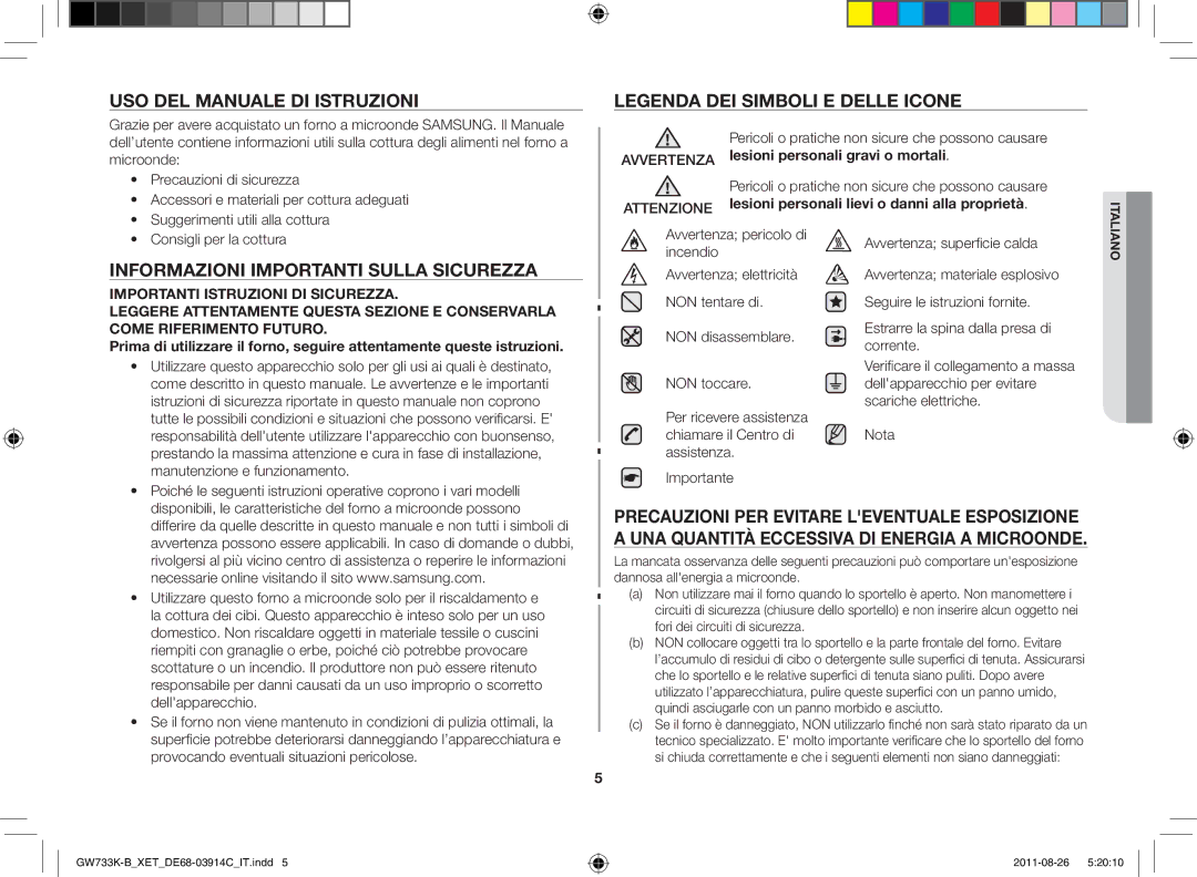 Samsung GW733K-B/XET, GW733K/XET Uso del manuale di istruzioni, Informazioni importanti sulla sicurezza 