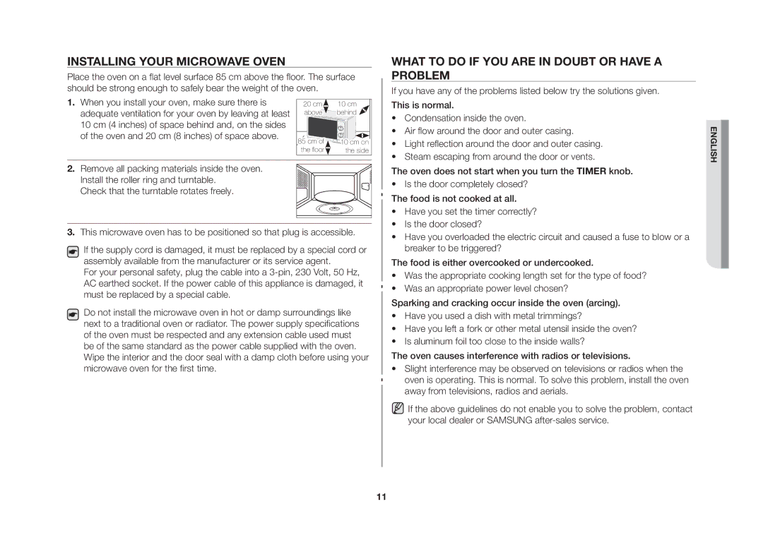 Samsung MW71E/SLI, GW73B-S/XEO manual Installing your microwave oven, What to do if you are in doubt or have a problem 