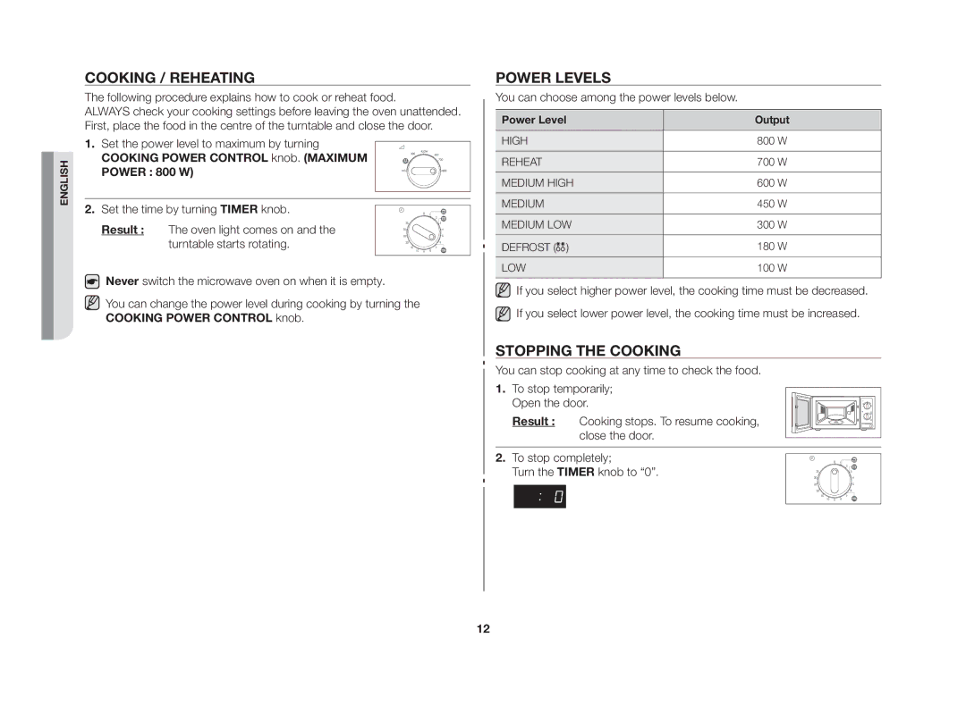 Samsung GW73B-S/XEO, MW71E-S/SLI, MW71E/SLI manual Cooking / reheating, Power levels, Stopping the cooking 