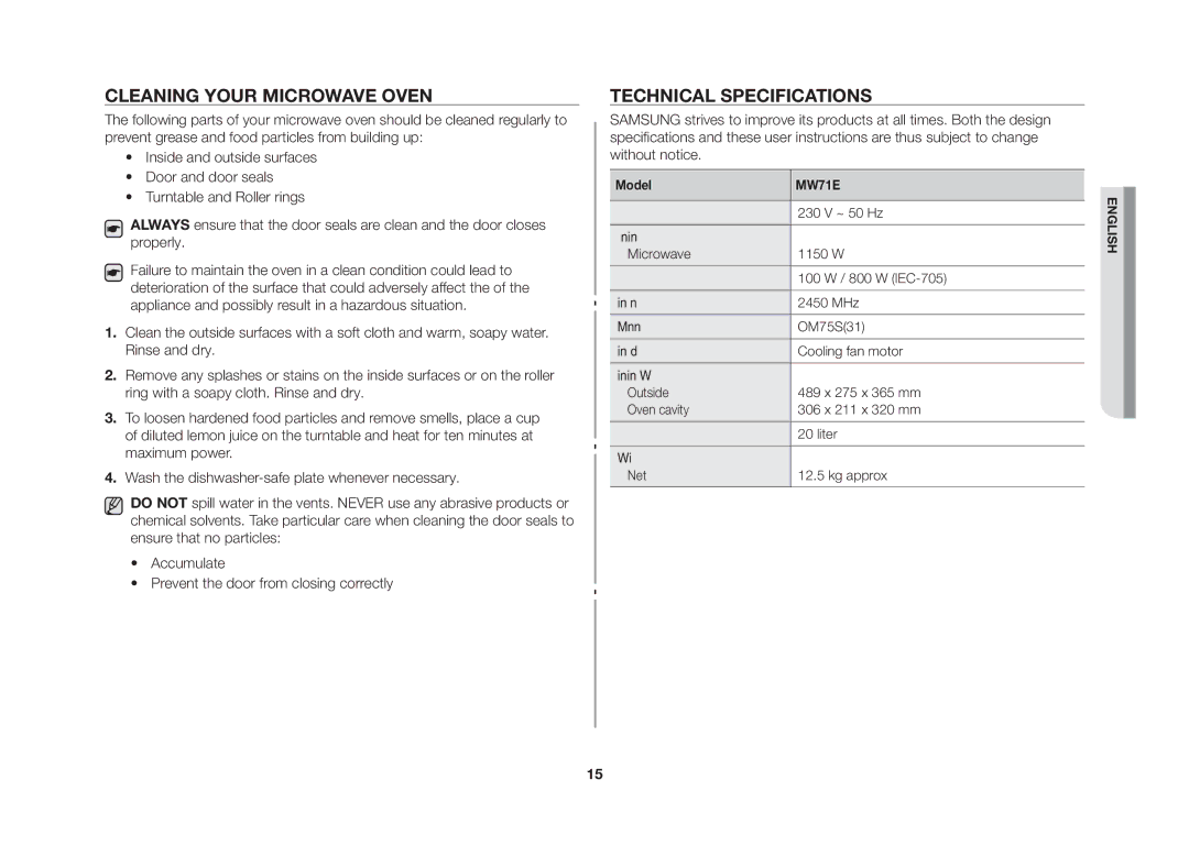 Samsung GW73B-S/XEO, MW71E-S/SLI, MW71E/SLI manual Cleaning your microwave oven, Technical specifications 