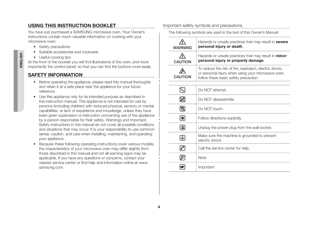 Samsung MW71E-S/SLI, GW73B-S/XEO, MW71E/SLI manual Using this instruction booklet, Safety information 