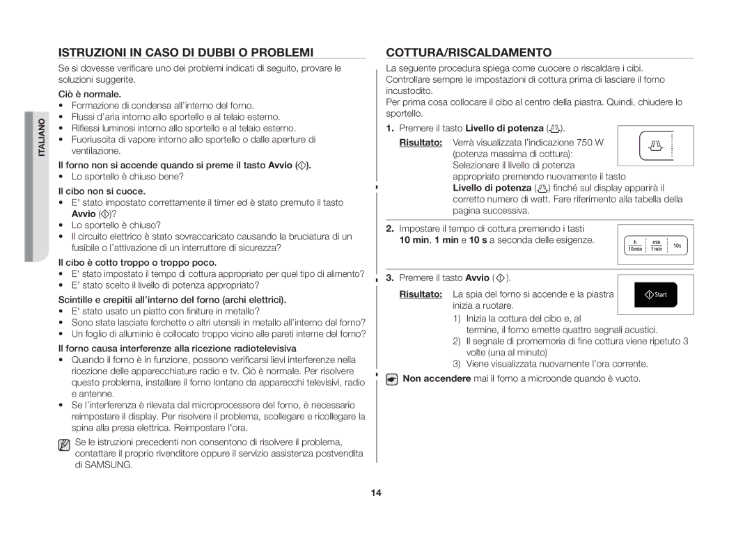 Samsung GW73B-S/XET, GW73B/XET manual Istruzioni in caso di dubbi o problemi, Cottura/Riscaldamento 