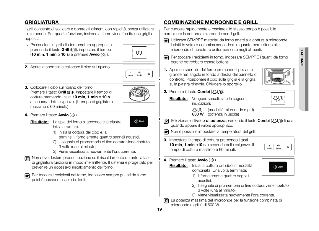 Samsung GW73B/XET, GW73B-S/XET manual Grigliatura, Combinazione microonde e grill 