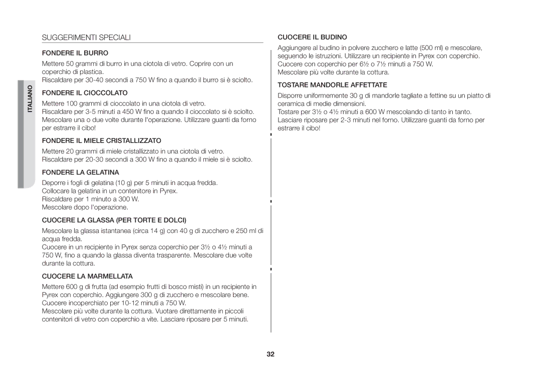 Samsung GW73B-S/XET, GW73B/XET manual Suggerimenti Speciali, Fondere IL Burro 