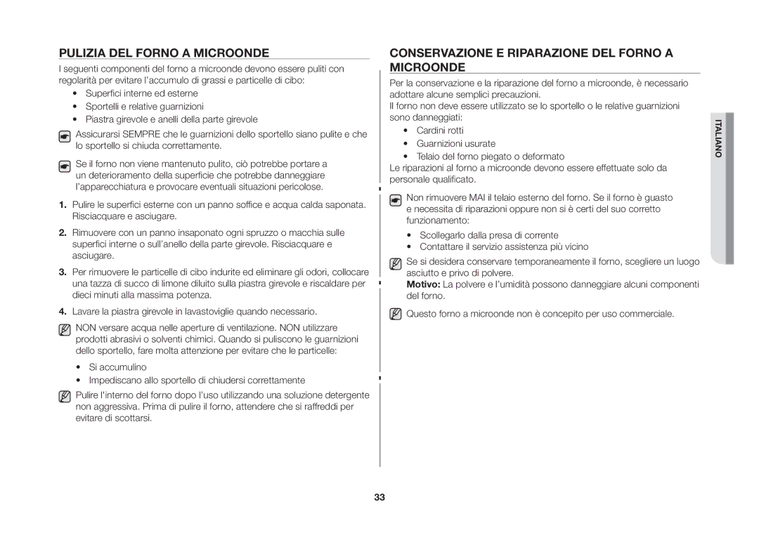 Samsung GW73B/XET, GW73B-S/XET manual Pulizia del forno a microonde, Conservazione e riparazione del forno a microonde 