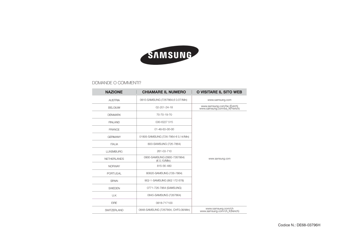 Samsung GW73B-S/XET, GW73B/XET manual Codice N. DE68-03796H 