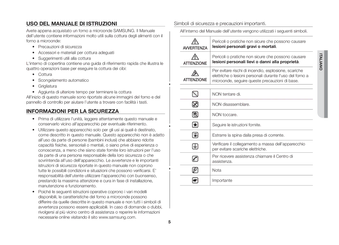 Samsung GW73B/XET Uso del manuale di istruzioni, Informazioni per la sicurezza, Lesioni personali gravi o mortali 