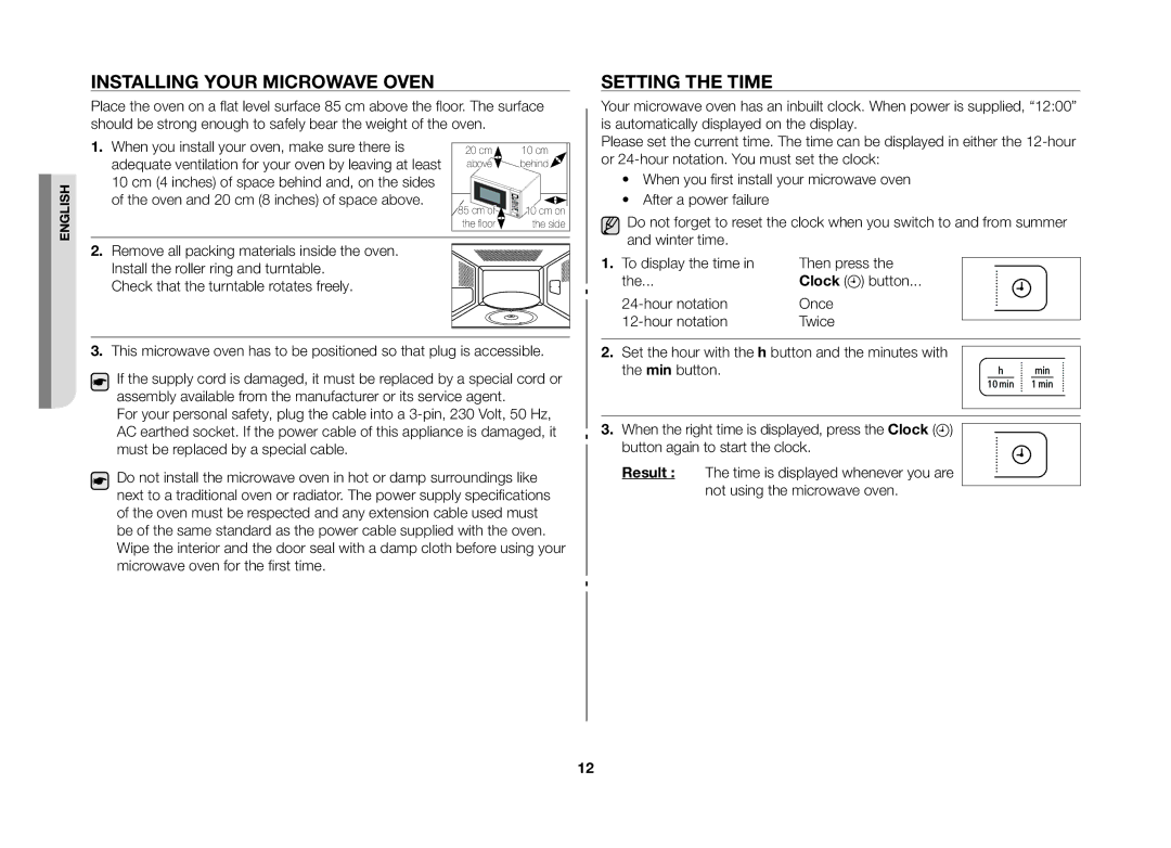 Samsung GW73B/ELE manual Installing Your Microwave Oven, Setting the Time, When you install your oven, make sure there is 