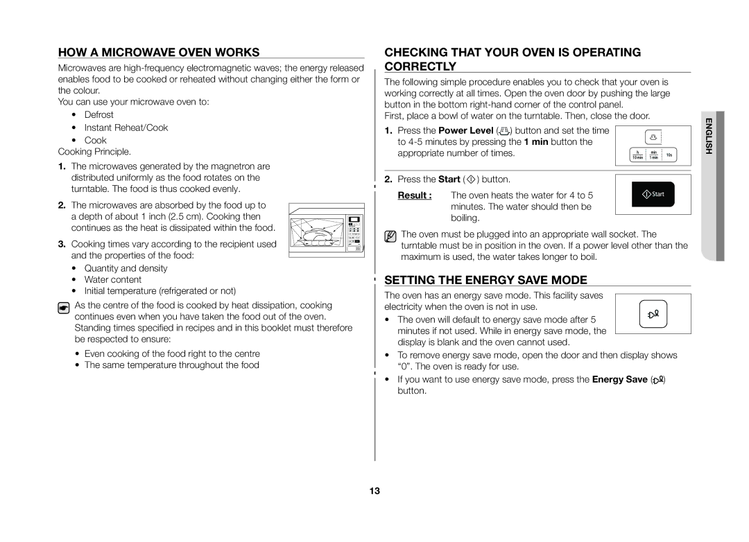 Samsung GW73B/ELE HOW a Microwave Oven Works, Checking That Your Oven is Operating Correctly, Setting the Energy Save Mode 