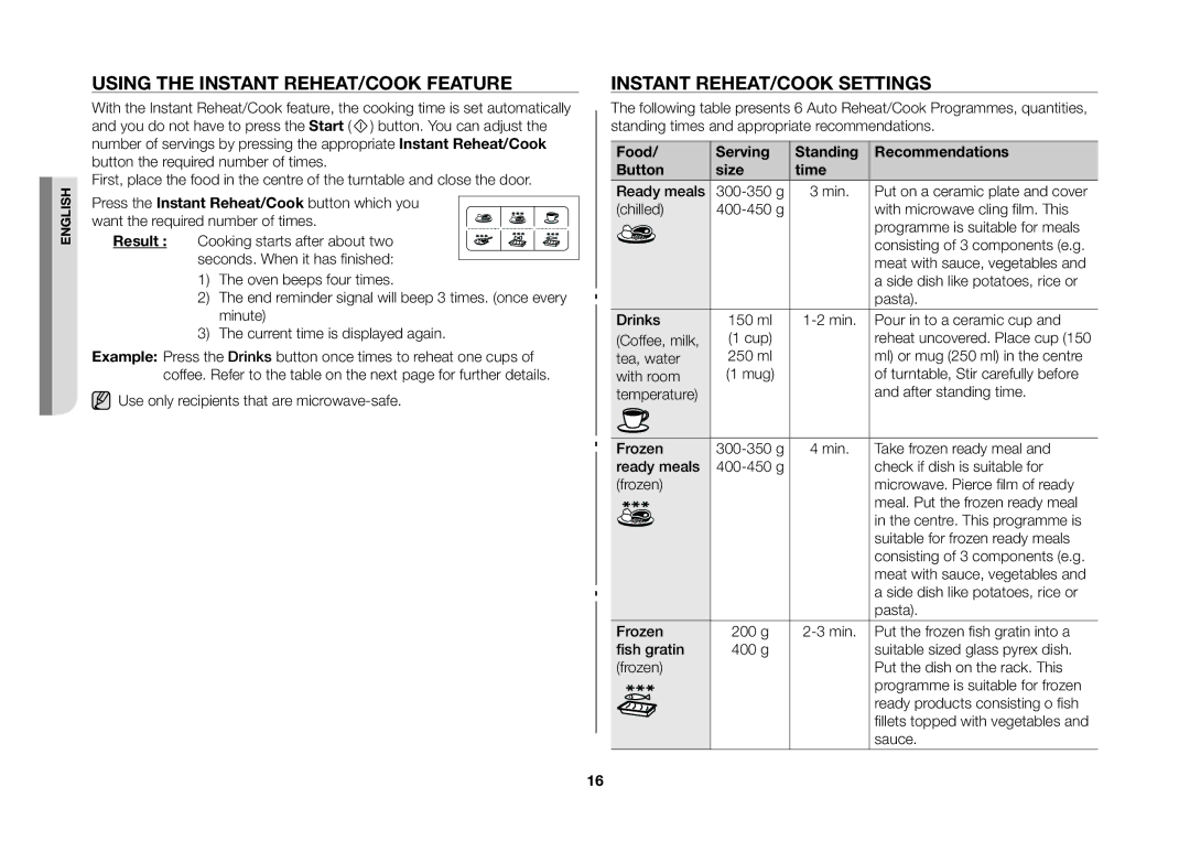 Samsung GW73B/ELE manual Using the Instant REHEAT/COOK Feature, Instant REHEAT/COOK Settings 