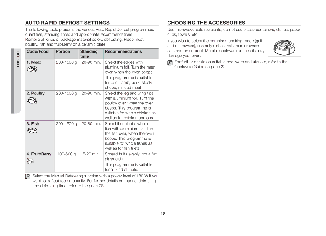 Samsung GW73B/ELE Auto Rapid Defrost Settings, Choosing the Accessories, Code/Food Portion Standing Recommendations Time 