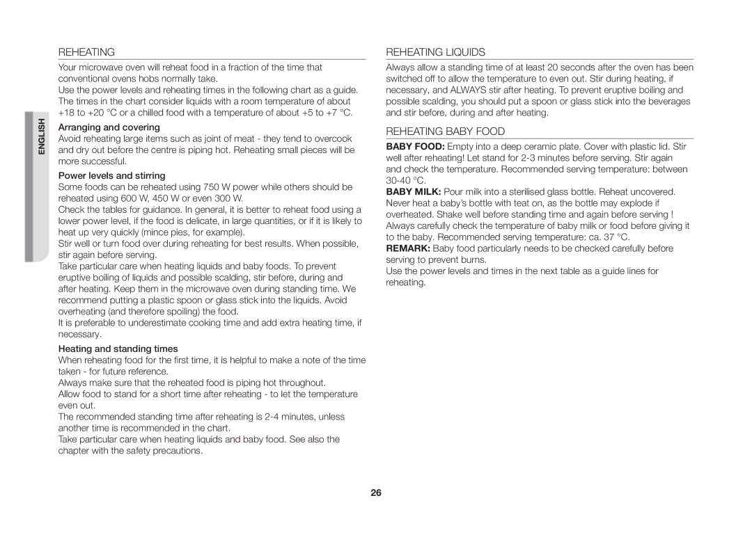 Samsung GW73B/ELE manual Reheating Liquids, Reheating Baby Food 