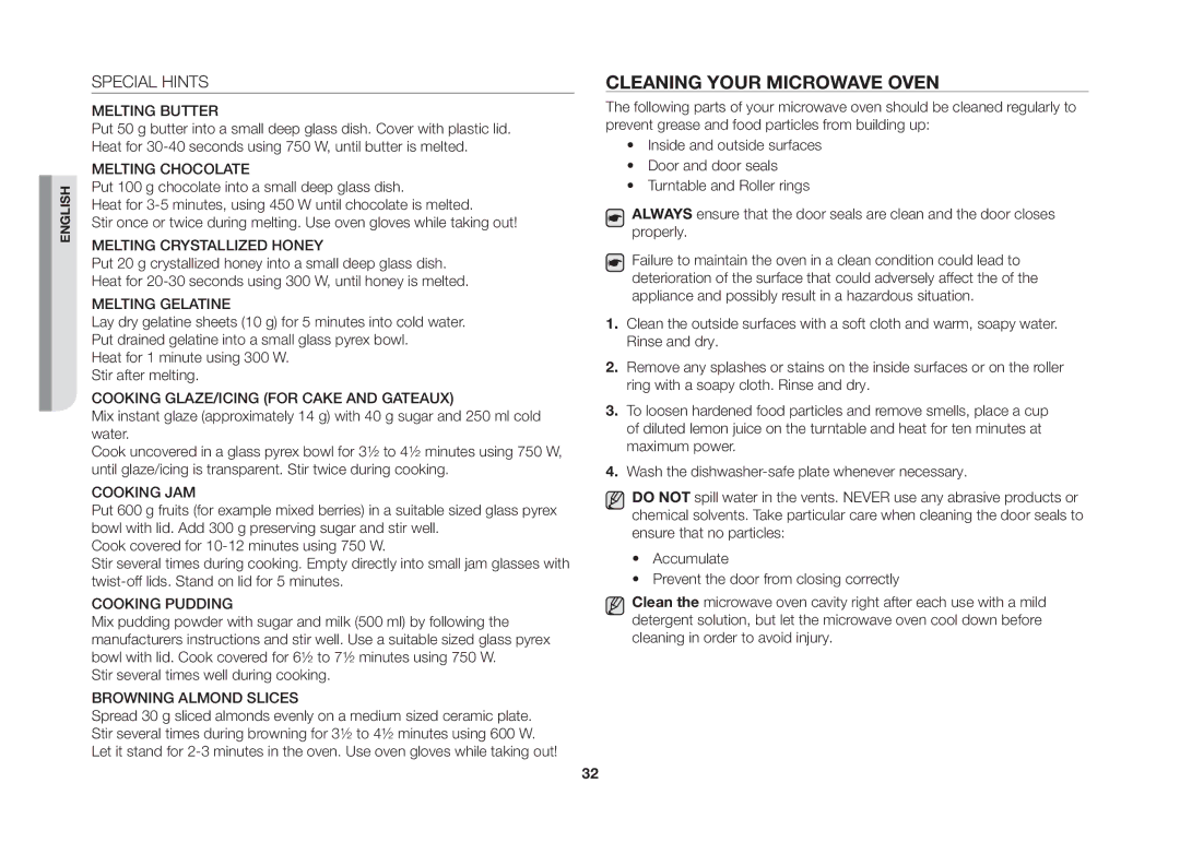 Samsung GW73B/ELE manual Cleaning Your Microwave Oven, Special Hints, Stir several times well during cooking 