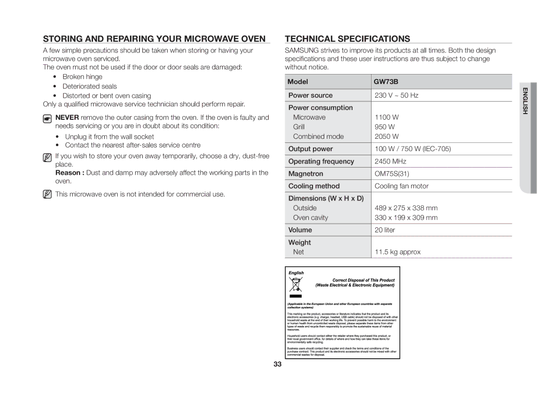 Samsung GW73B/ELE manual Storing and Repairing Your Microwave Oven, Technical Specifications, Model 