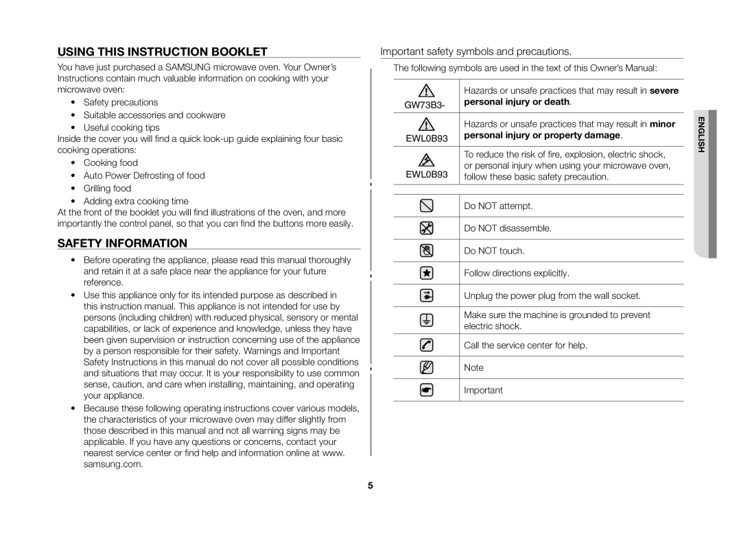 Samsung GW73B/ELE manual Using this Instruction Booklet, Safety Information, Personal injury or death 