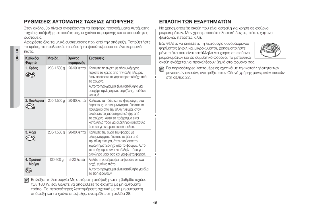 Samsung GW73B/ELE Ρυθμίσεισ Αυτόματησ Ταχείασ Απόψυξησ, Επιλογή ΤΩΝ Εξαρτημάτων, Κωδικός Μερίδα Χρόνος Συστάσεις Φαγητό 