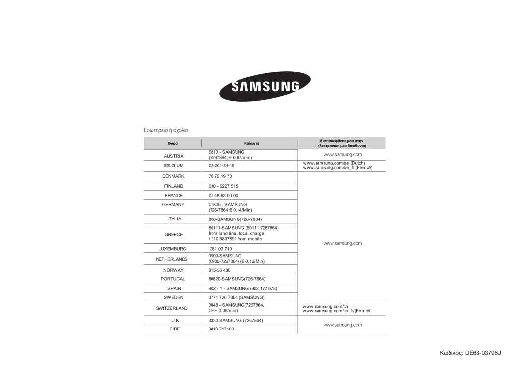 Samsung GW73B/ELE manual Κωδικός DE68-03796J 