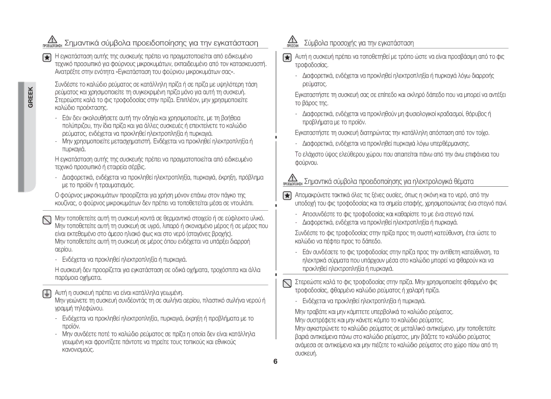 Samsung GW73B/ELE manual Προσοχη Σύμβολα προσοχής για την εγκατάσταση 