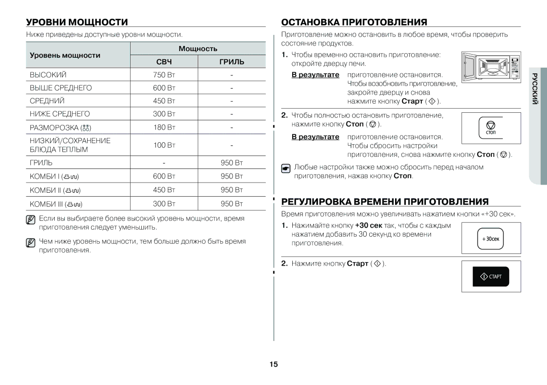 Samsung GW73BR-S/BWT manual Уровни мощности, Остановка приготовления, Регулировка времени приготовления, Уровень мощности 