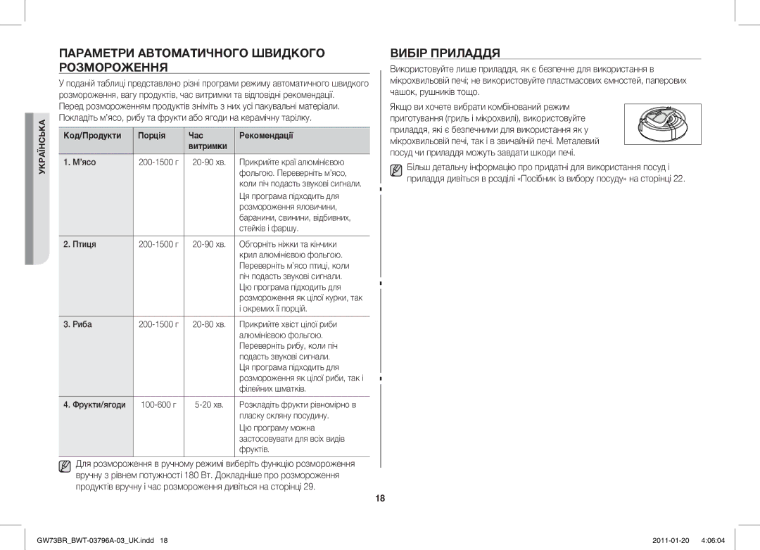 Samsung GW73BR-S/BWT manual Параметри Автоматичного Швидкого Розмороження, Вибір Приладдя 