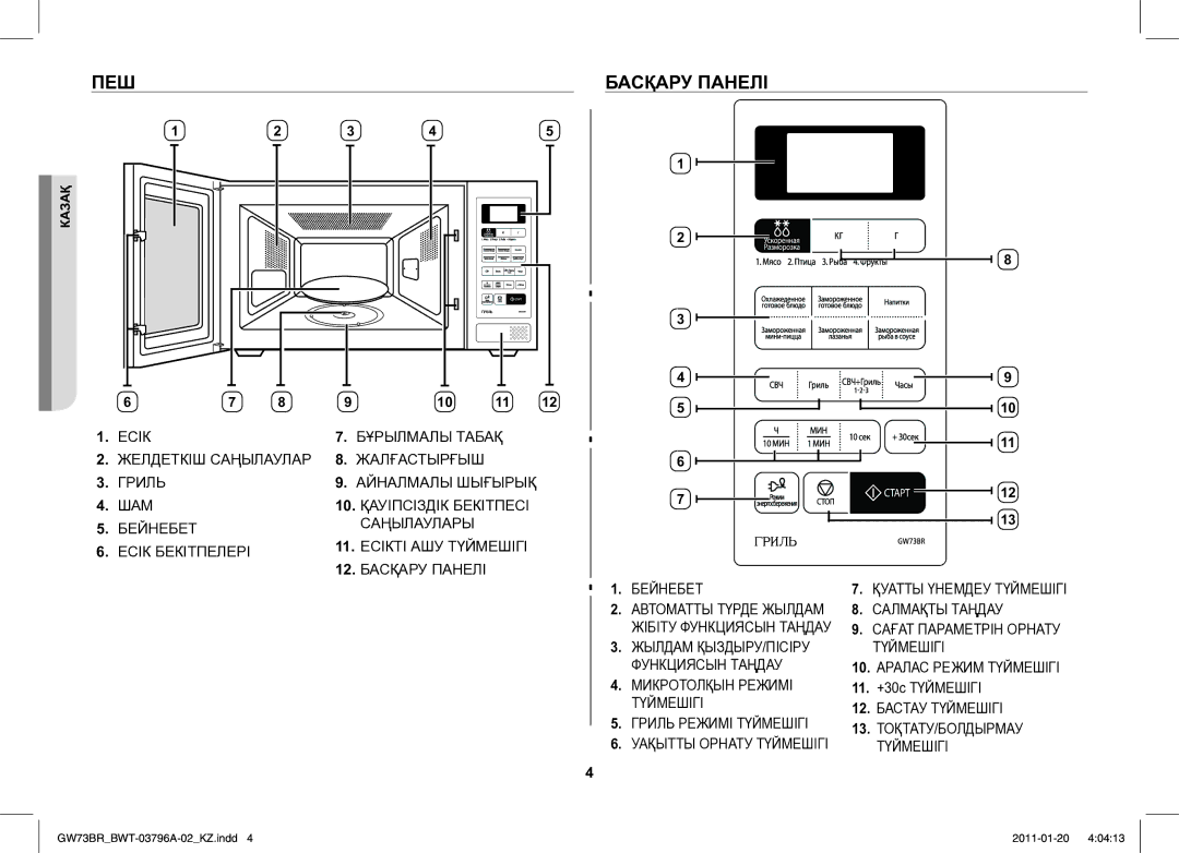 Samsung GW73BR-S/BWT manual ПЕШ Басқару Панелі, 11. +30с Түймешігі 