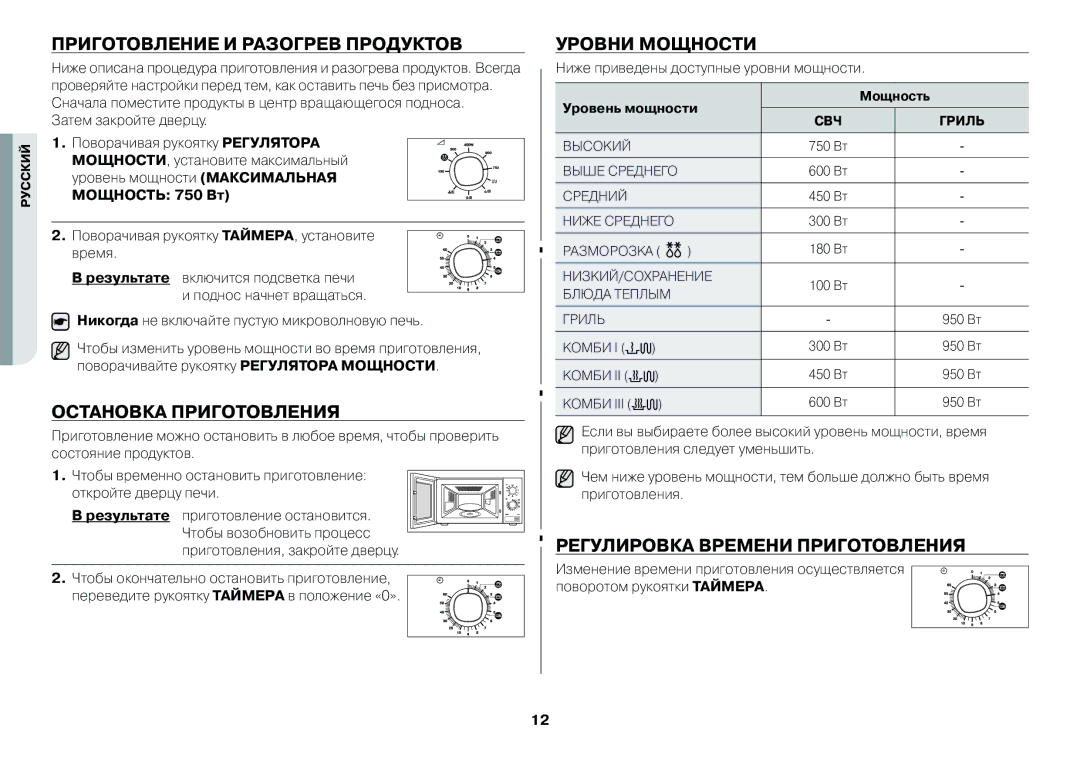 Samsung GW73BR/BWT, GW712BR/BWT Приготовление и разогрев продуктов, Остановка приготовления, Уровни мощности, Результате 