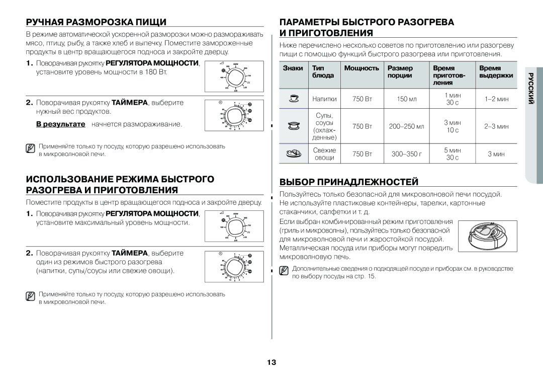 Samsung GW712BR/BWT Ручная разморозка пищи, Использование режима быстрого разогрева и приготовления, Выбор принадлежностей 