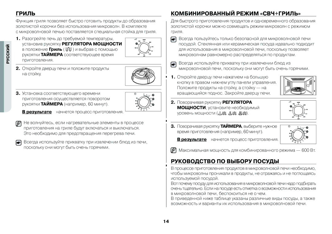 Samsung GW73BR/BWT, GW712BR/BWT manual Комбинированный режим «СВЧ+Гриль», Руководство по выбору посуды 