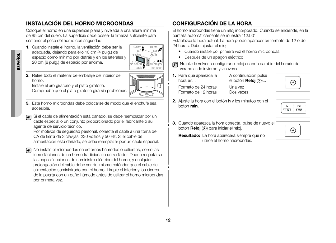 Samsung GW73B/XEC manual Instalación del horno microondas, Configuración de la hora 