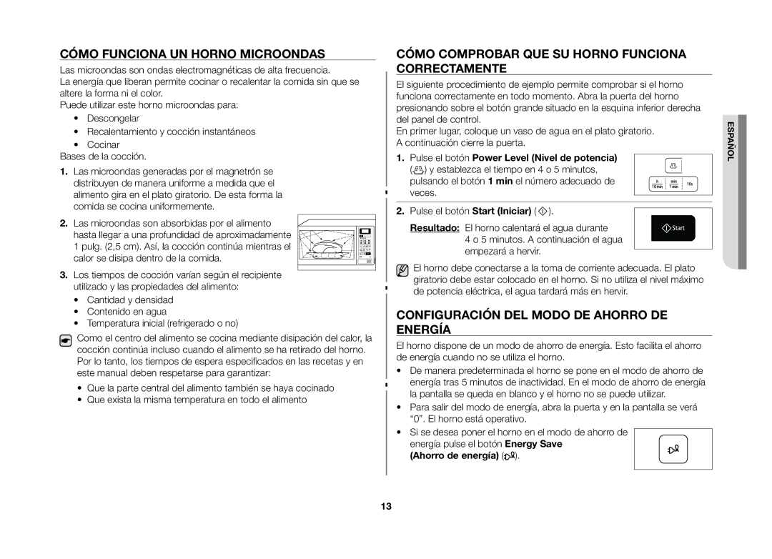 Samsung GW73B/XEC Cómo funciona un horno microondas, Cómo comprobar que su horno funciona correctamente, Ahorro de energía 