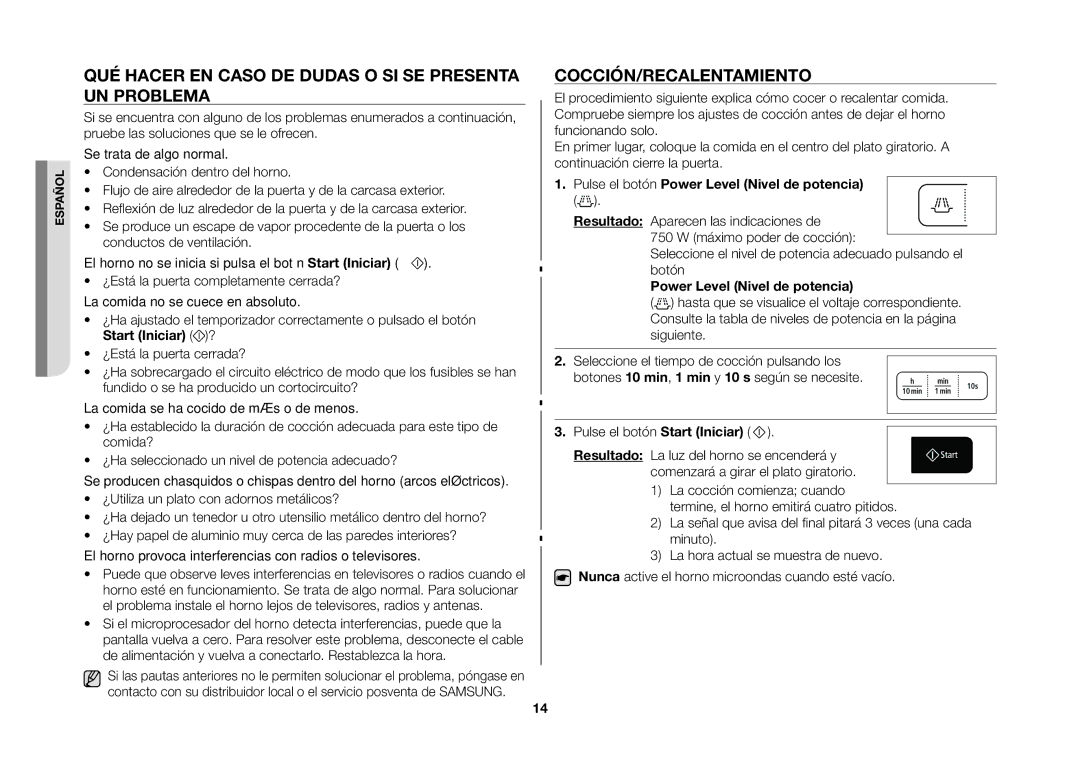 Samsung GW73B/XEC manual Qué hacer en caso de dudas o si se presenta un problema, Cocción/Recalentamiento 